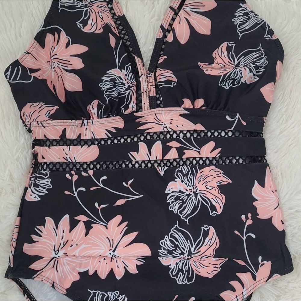 Plus size vintage floral woman swim suit top quality bathing suit v-neck over si - Picture 7 of 8